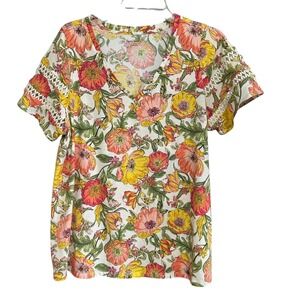 Lane Bryant Orange Yellow Floral V Neck Short Sleeve Top Crochet Sz 14 - 16